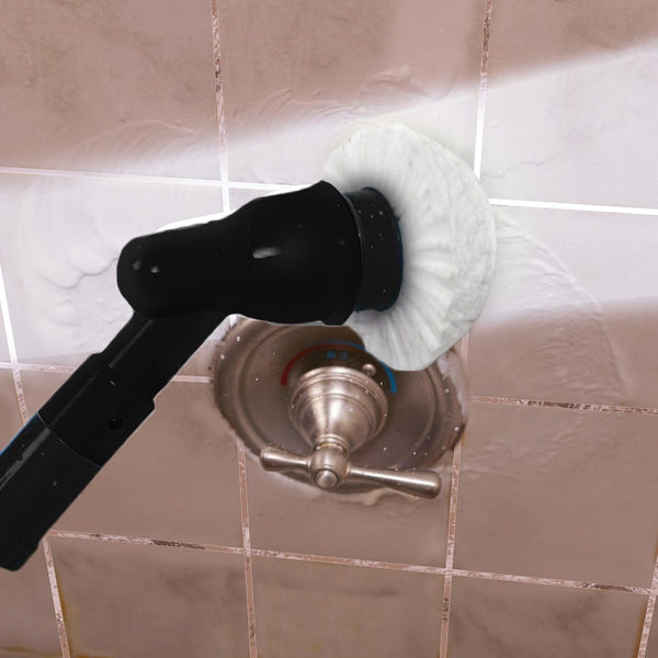 Deluxe Hurricane Spin Scrubber shown in action cleaning bathroom tiles