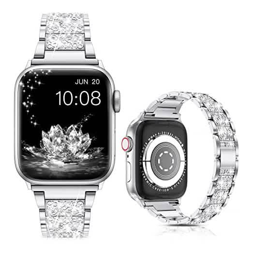 Diamond Rhinestone Stainless Steel Metal Wristband Strap Smart Watches Silver 38mm/40mm/41mm - DailySale
