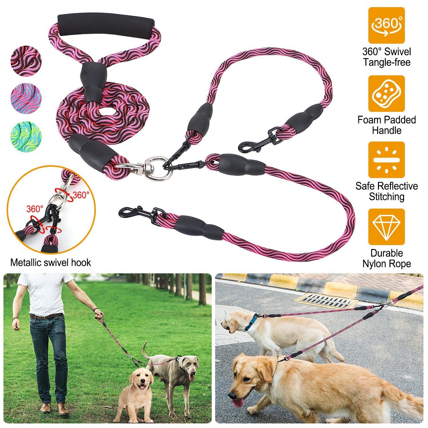 Double Dog Leash No-Tangle with Swivel Coupler Padded Handle Pet Supplies - DailySale