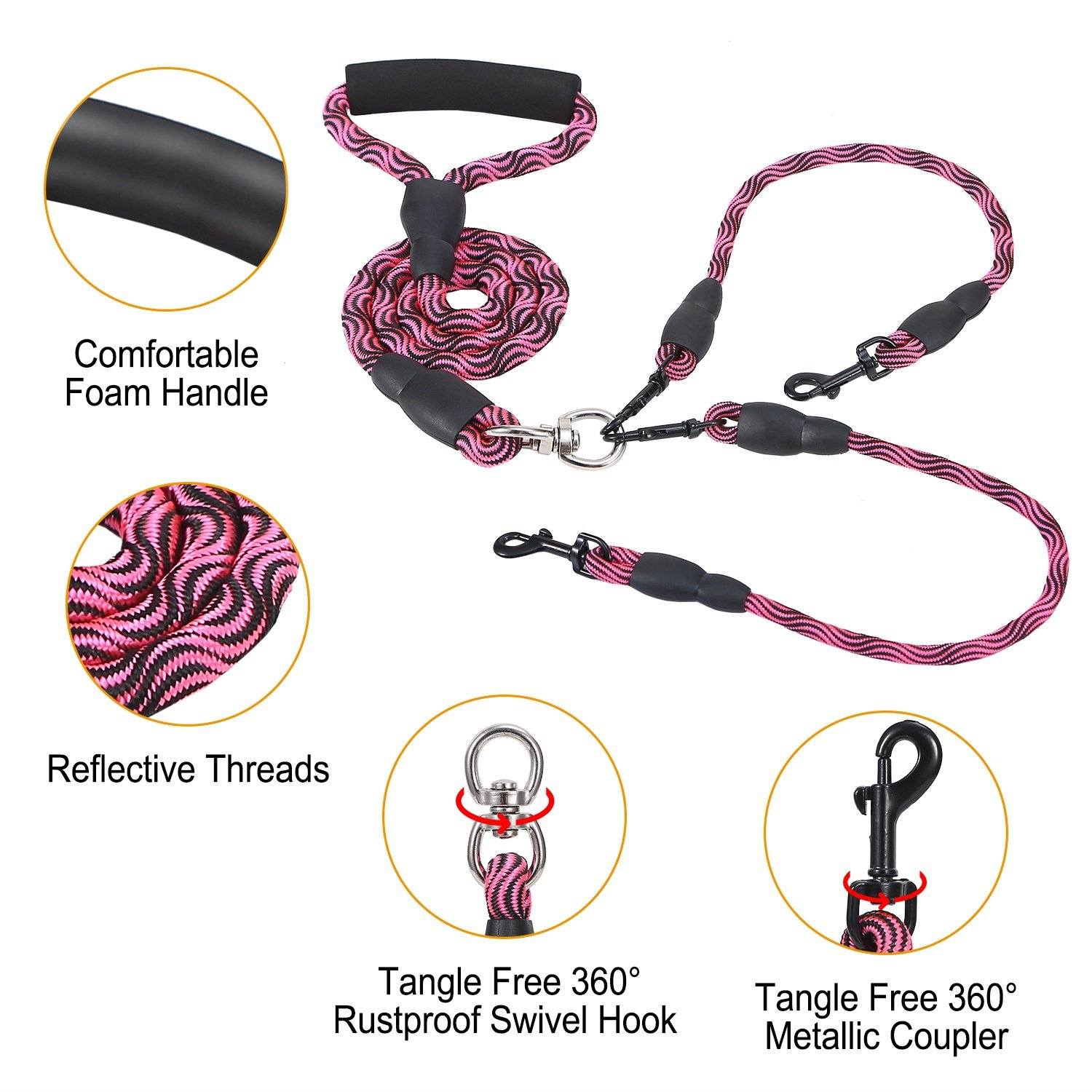 Double Dog Leash No-Tangle with Swivel Coupler Padded Handle Pet Supplies - DailySale