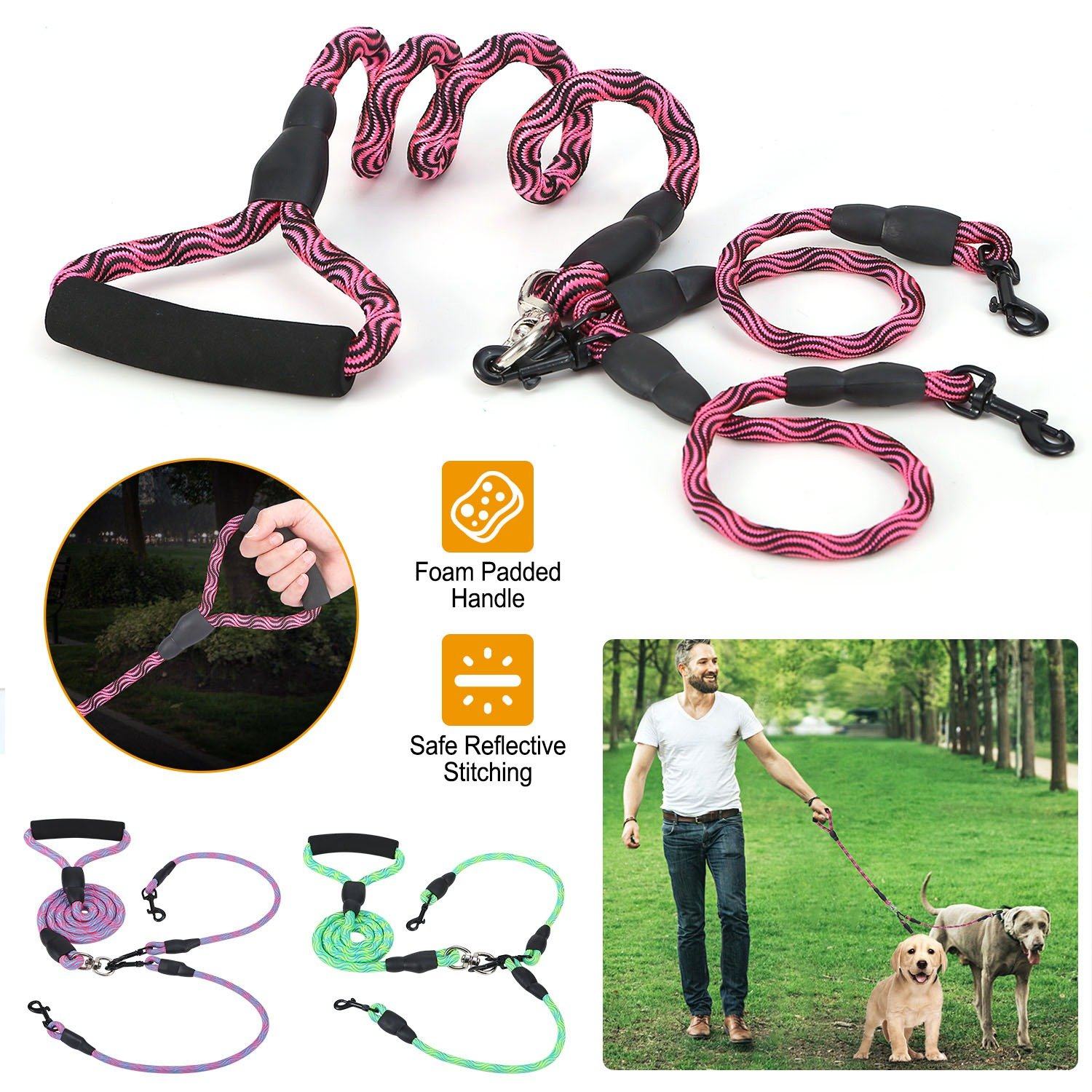 Double Dog Leash No-Tangle with Swivel Coupler Padded Handle Pet Supplies - DailySale