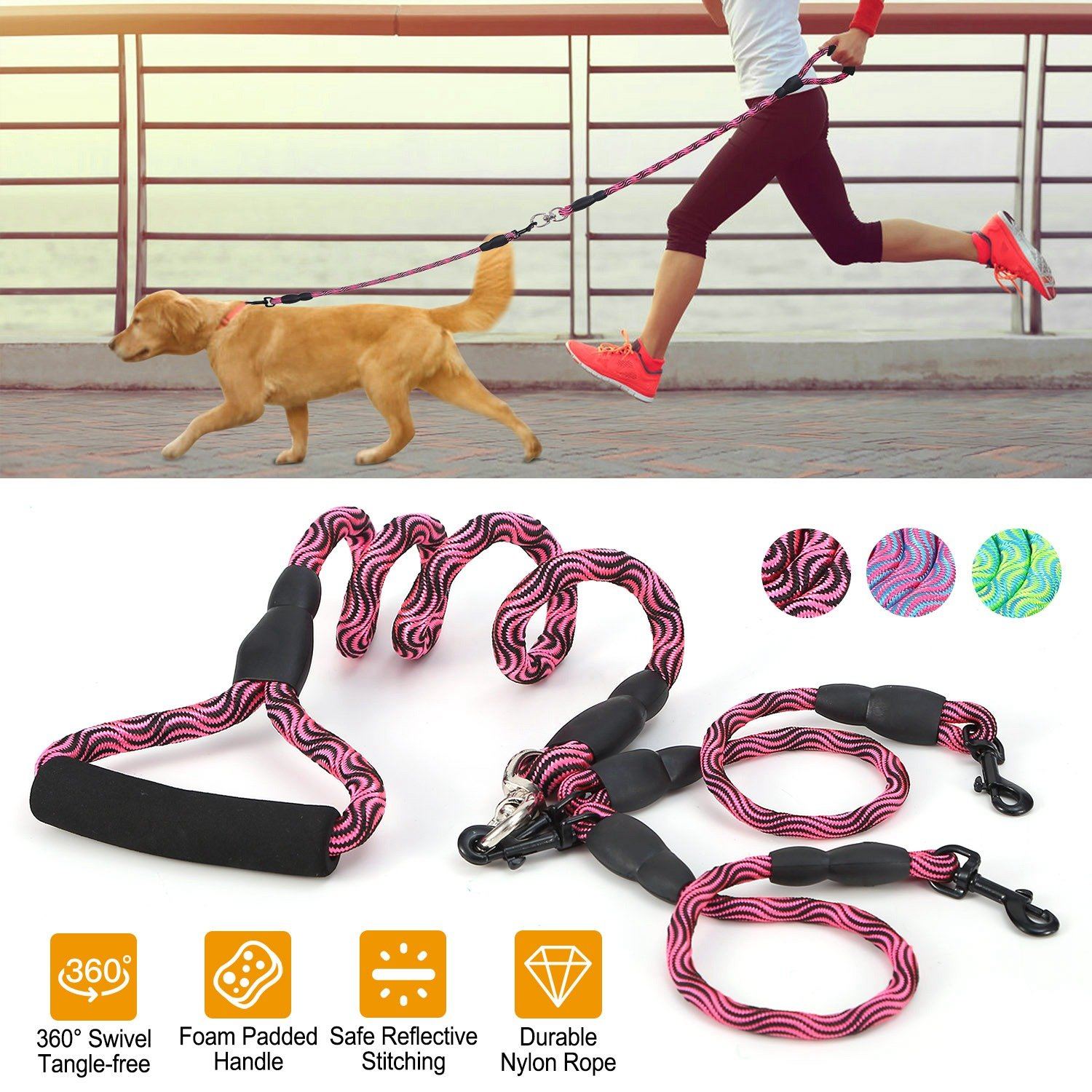 Double Dog Leash No-Tangle with Swivel Coupler Padded Handle Pet Supplies - DailySale