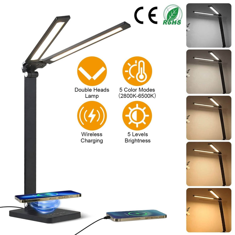 Double Head Desk Lamp with Wireless Charging USB Port Indoor Lighting - DailySale