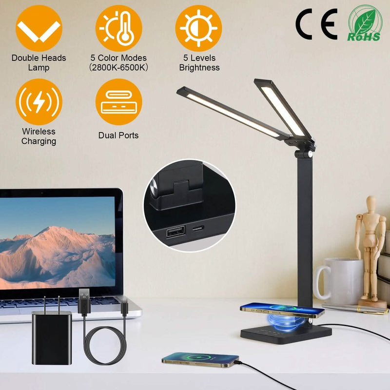 Double Head Desk Lamp with Wireless Charging USB Port Indoor Lighting - DailySale