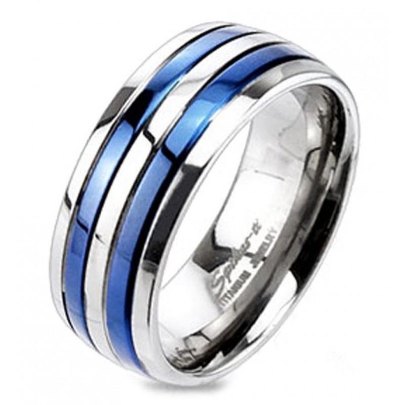 Double Striped Blue IP Band Ring Solid Titanium Rings 9 - DailySale