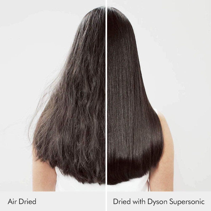 Back of woman's head demonstrating air drying vs. use of the Dyson Supersonic Hair Dryer