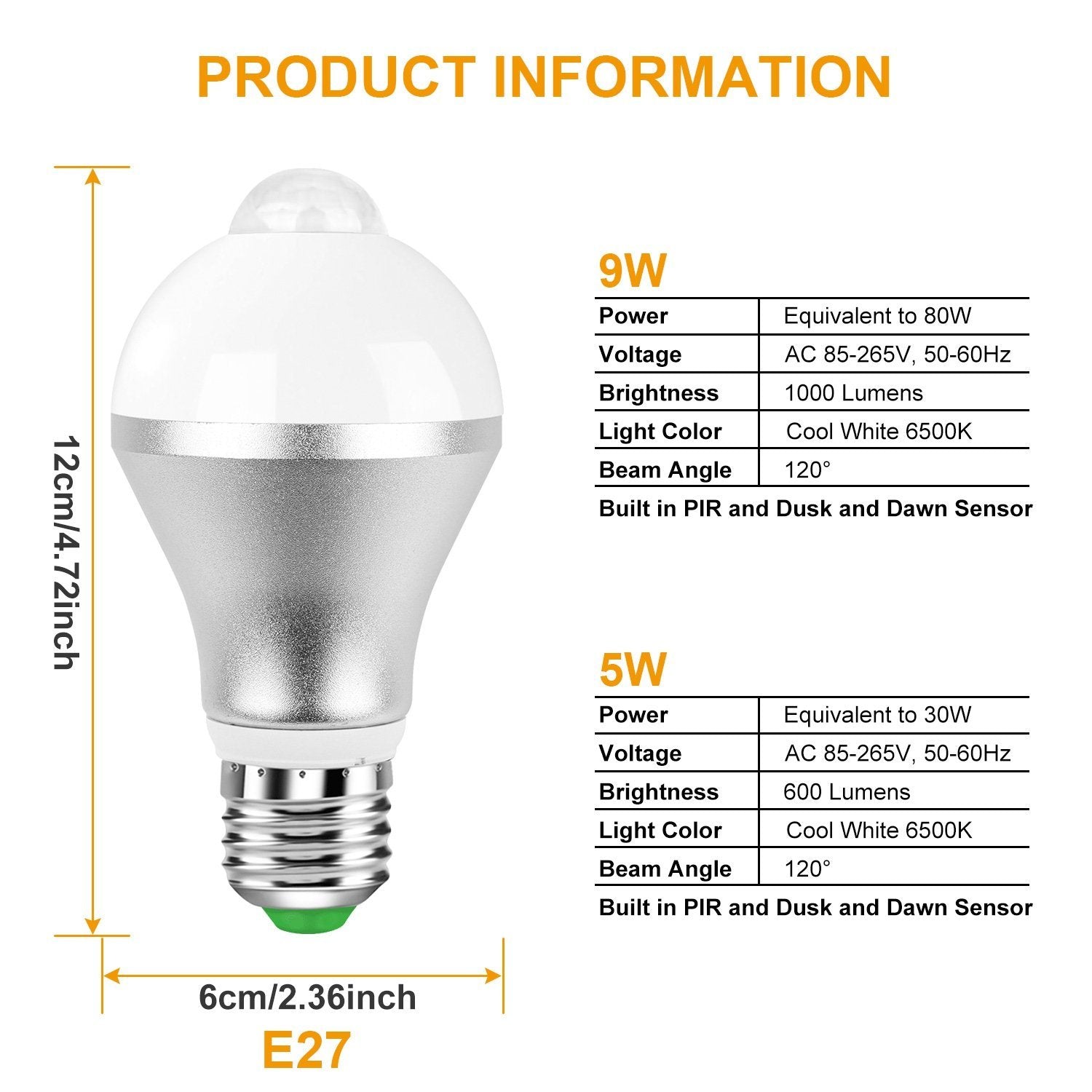 E27 Motion Sensor Light Bulb 1000LM 6500K Dust to Dawn Automatic Outdoor Lighting - DailySale