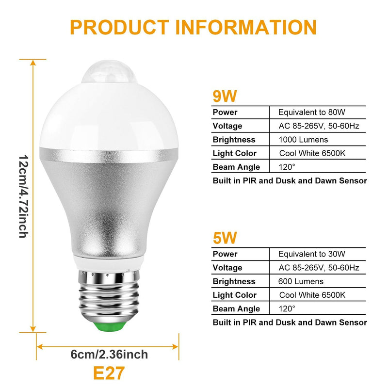 E27 Motion Sensor Light Bulb 1000LM 6500K Dust to Dawn Automatic Outdoor Lighting - DailySale
