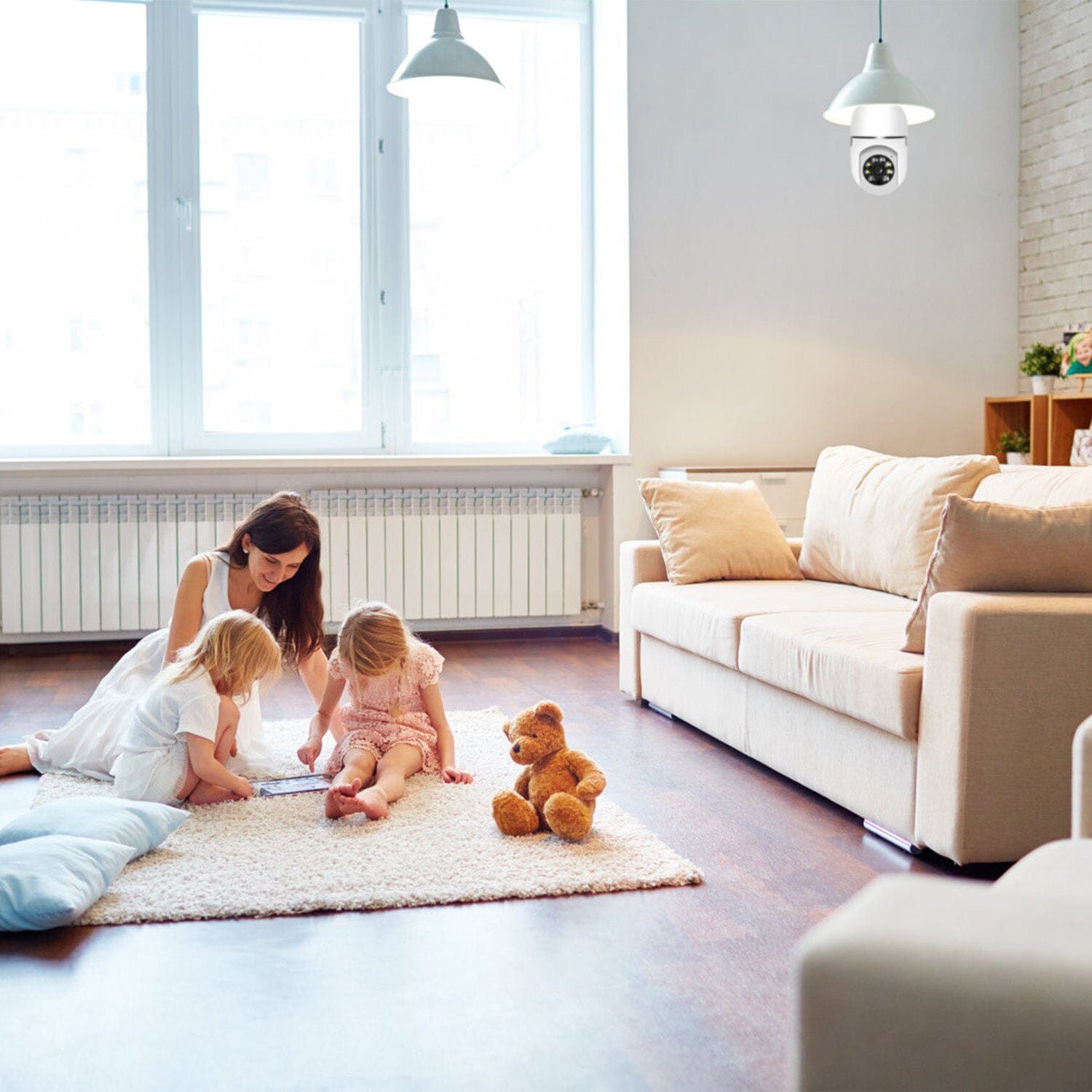 Mom playing with her young children under the survaillance of a WiFi IP Pan Tilt Security Surveillance Camera