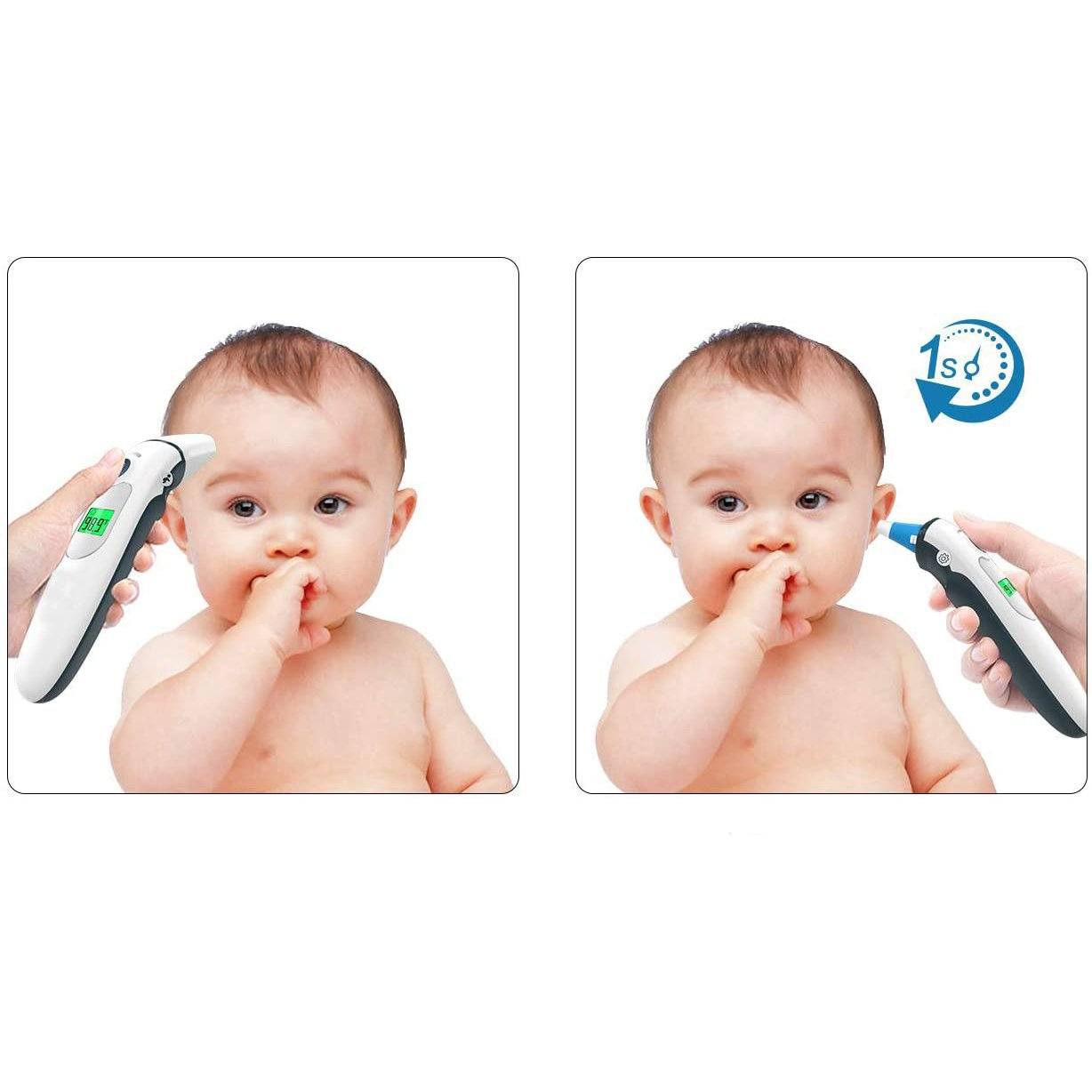 Demonstration of Ear Forehead Digital Infrared Thermometer taking a baby's ear and forehead temperature