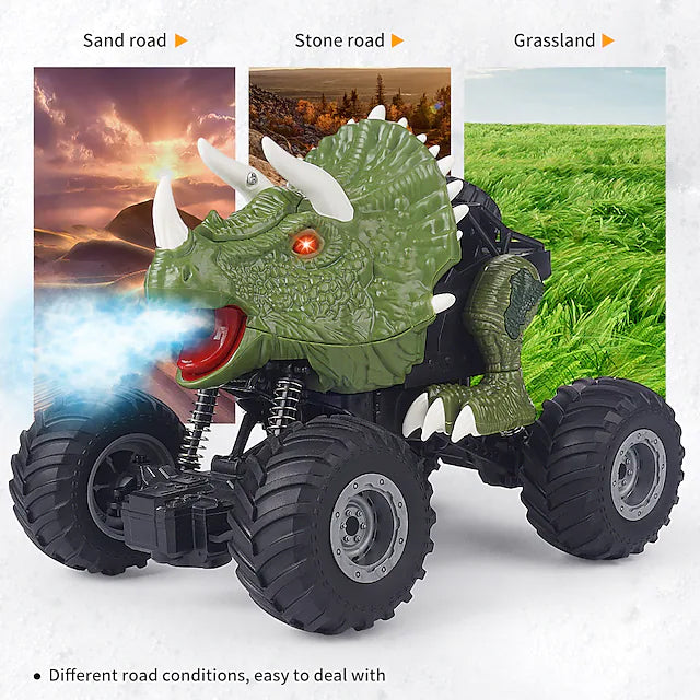 3/4 front view of Electric Dinosaur Remote Control Spray Stunt Car with three backgrounds: sand road, stone road, and grassland