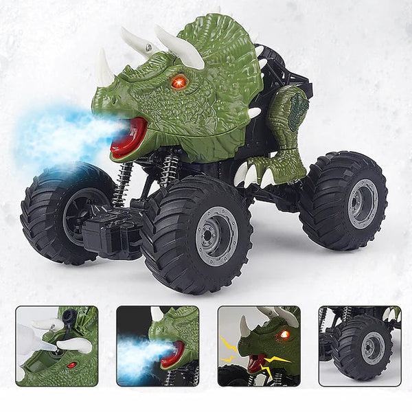 3/4 front view of Electric Dinosaur (brontosaurus) Remote Control Spray Stunt Car with 4 insets images demonstrating key features