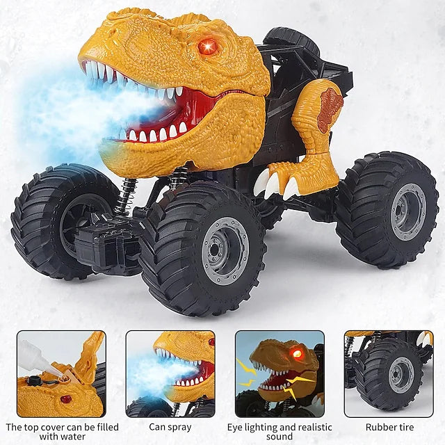 3/4 front view of Electric Dinosaur (velociraptor) Remote Control Spray Stunt Car with 4 insets images demonstrating key features