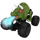 3/4 front view of Electric Dinosaur Remote Control Spray Stunt Car splaying smoke in green