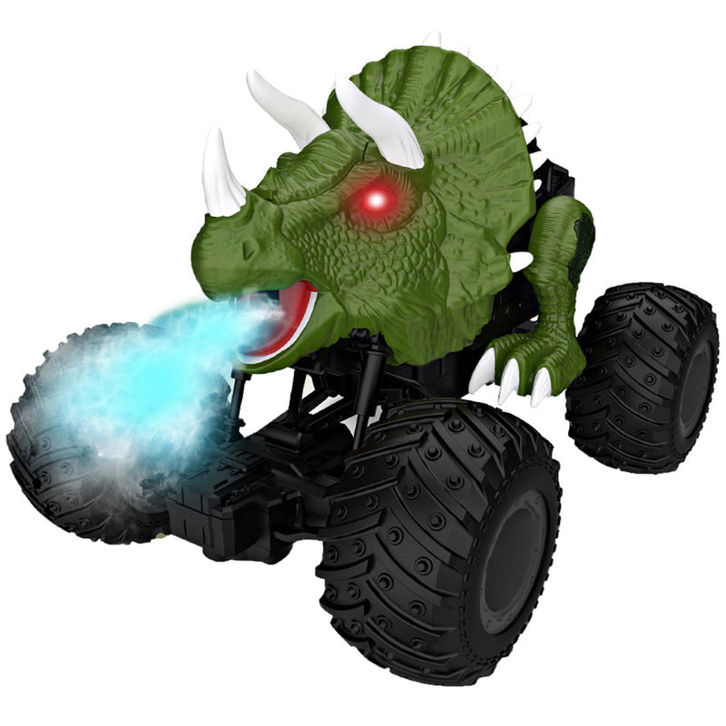 3/4 front view of Electric Dinosaur Remote Control Spray Stunt Car splaying smoke in green
