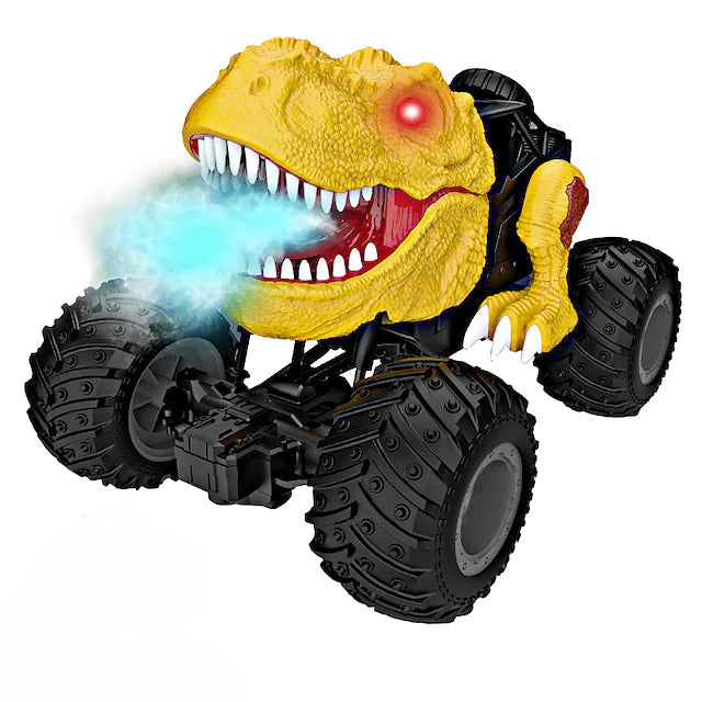 3/4 front view of Electric Dinosaur Remote Control Spray Stunt Car splaying smoke in yellow