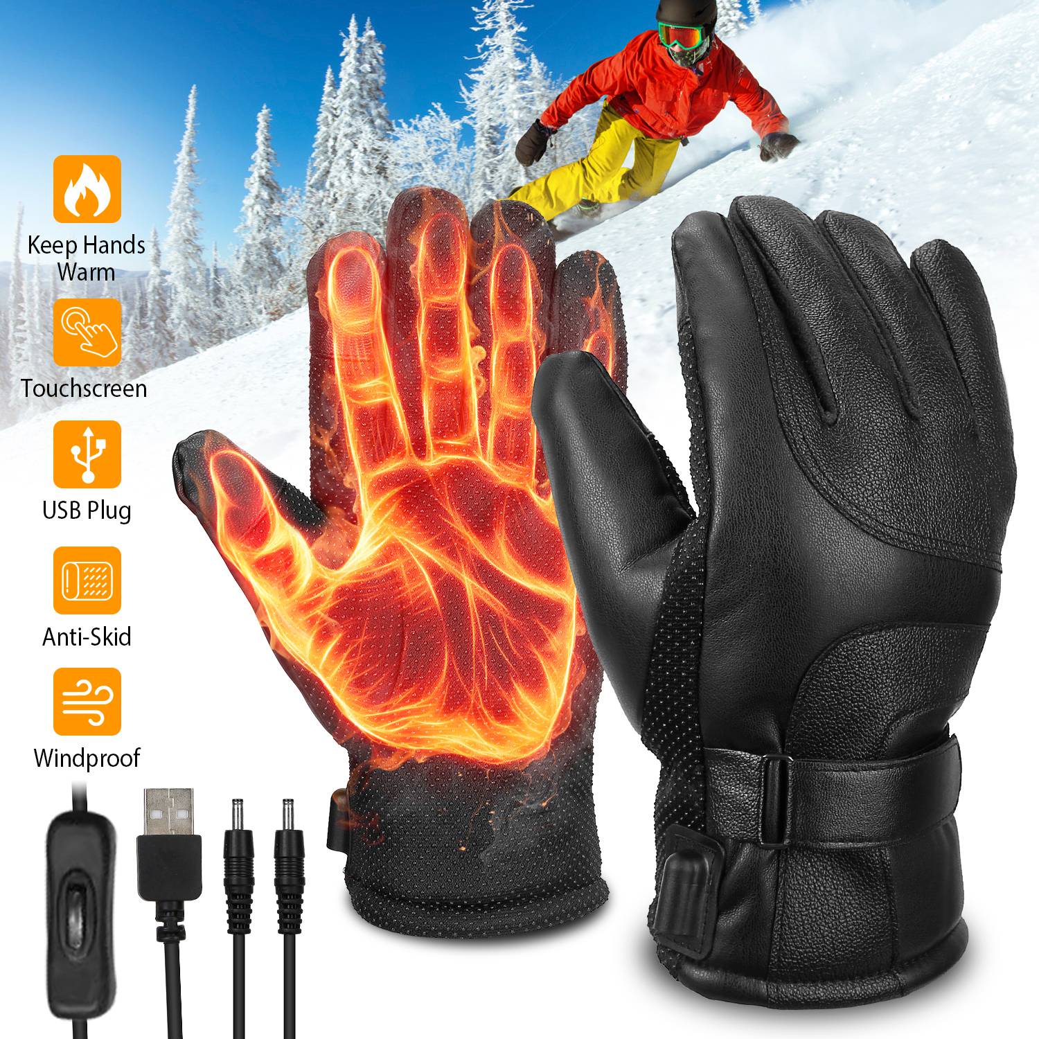 Electric Heated Touchscreen Thermal Gloves Leather USB Plug Sports & Outdoors - DailySale