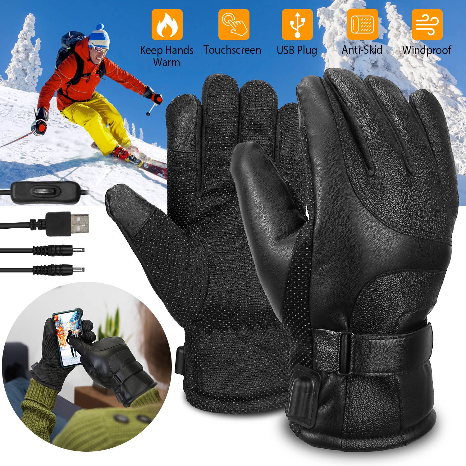 Electric Heated Touchscreen Thermal Gloves Leather USB Plug Sports & Outdoors - DailySale