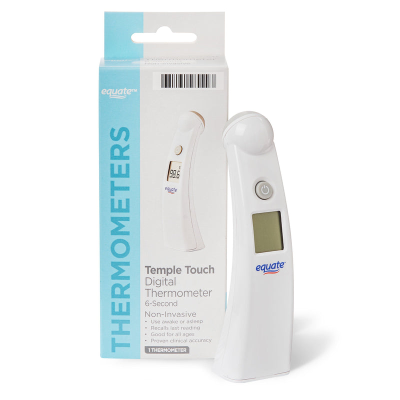 Front view of Equate Temple Touch 6-Second Digital Thermometer standing next to its box over a white background