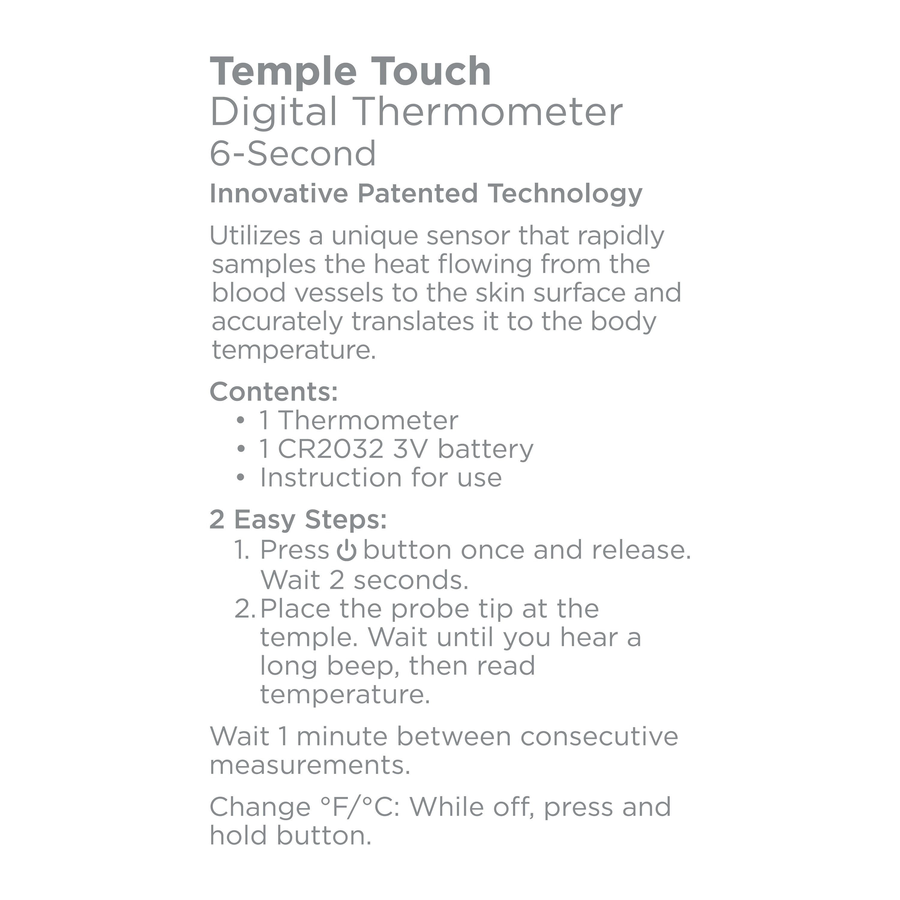 User instructions for Equate Temple Touch 6-Second Digital Thermometer