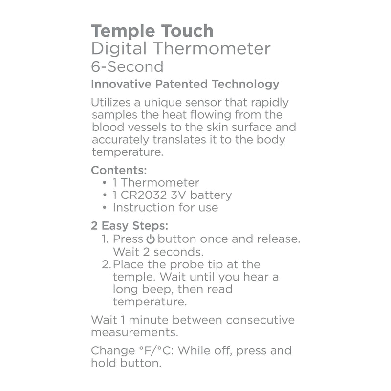 User instructions for Equate Temple Touch 6-Second Digital Thermometer