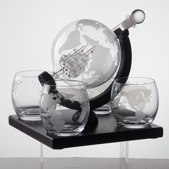Eravino Whiskey Decanter Globe Gift Set with 4 Etched Glasses Furniture & Decor - DailySale
