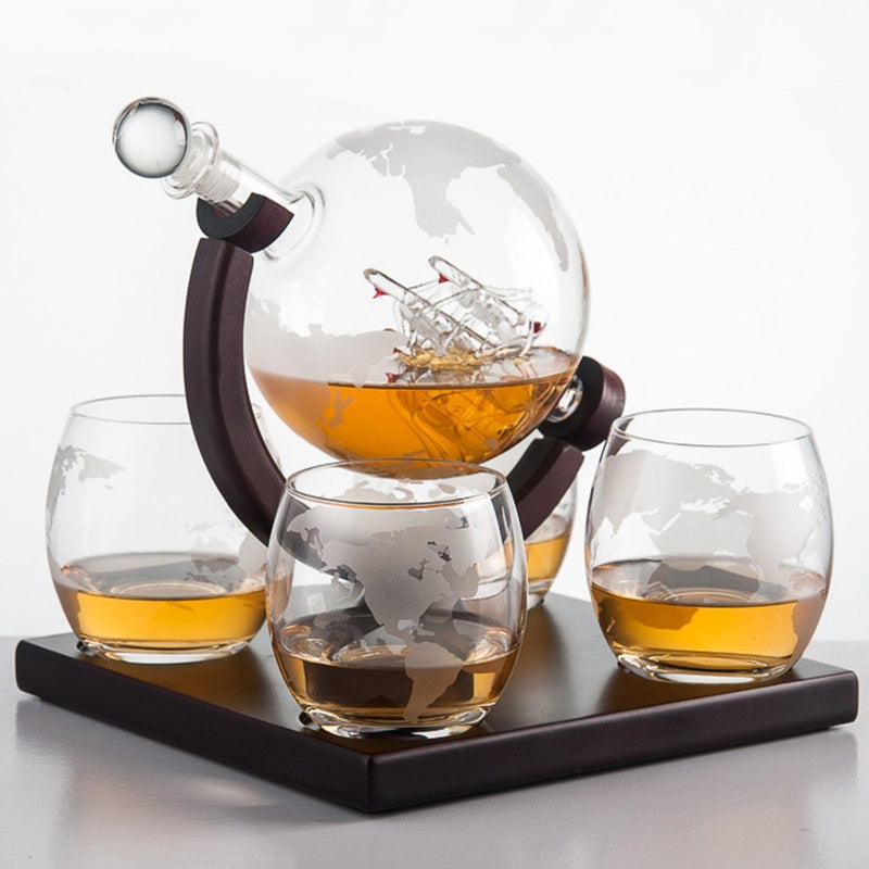 Eravino Whiskey Decanter Globe Gift Set with 4 Etched Glasses Furniture & Decor - DailySale