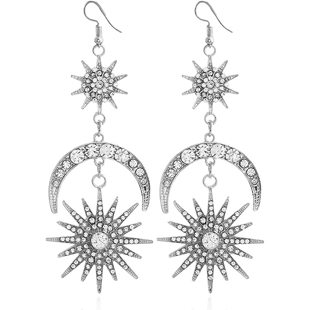 Exaggerated Luxury Sun Moon Stars Drop Earrings Earrings Silver - DailySale