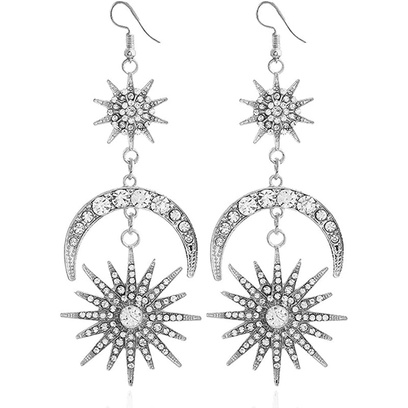 Exaggerated Luxury Sun Moon Stars Drop Earrings Earrings Silver - DailySale