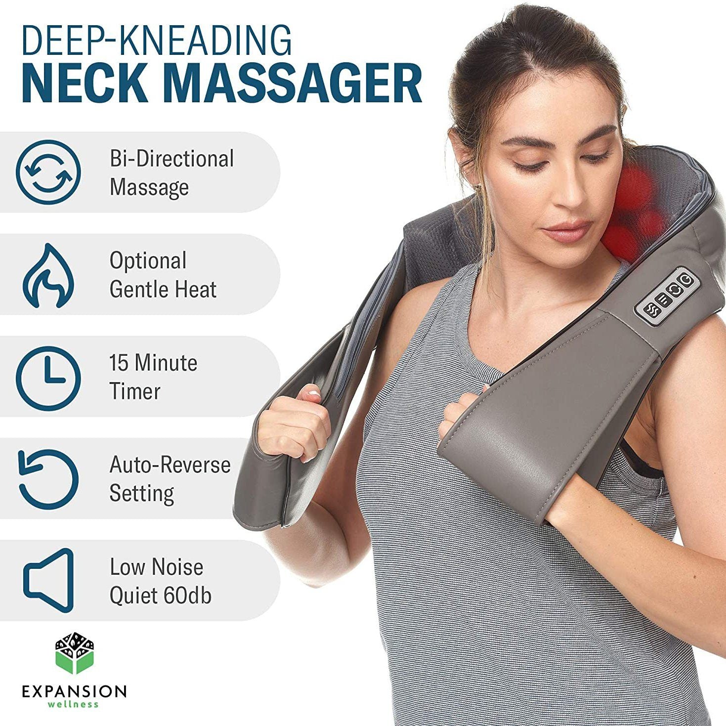 Standing woman using the Expansion Wellness Neck and Back Massager to massage her shoulders