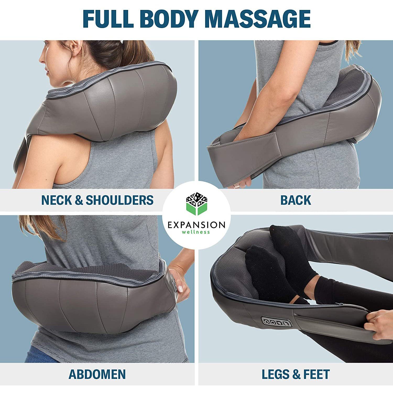 Four usage examples of Expansion Wellness Neck and Back Massager, including neck & shoulders, back, abdomen, legs & feet massage