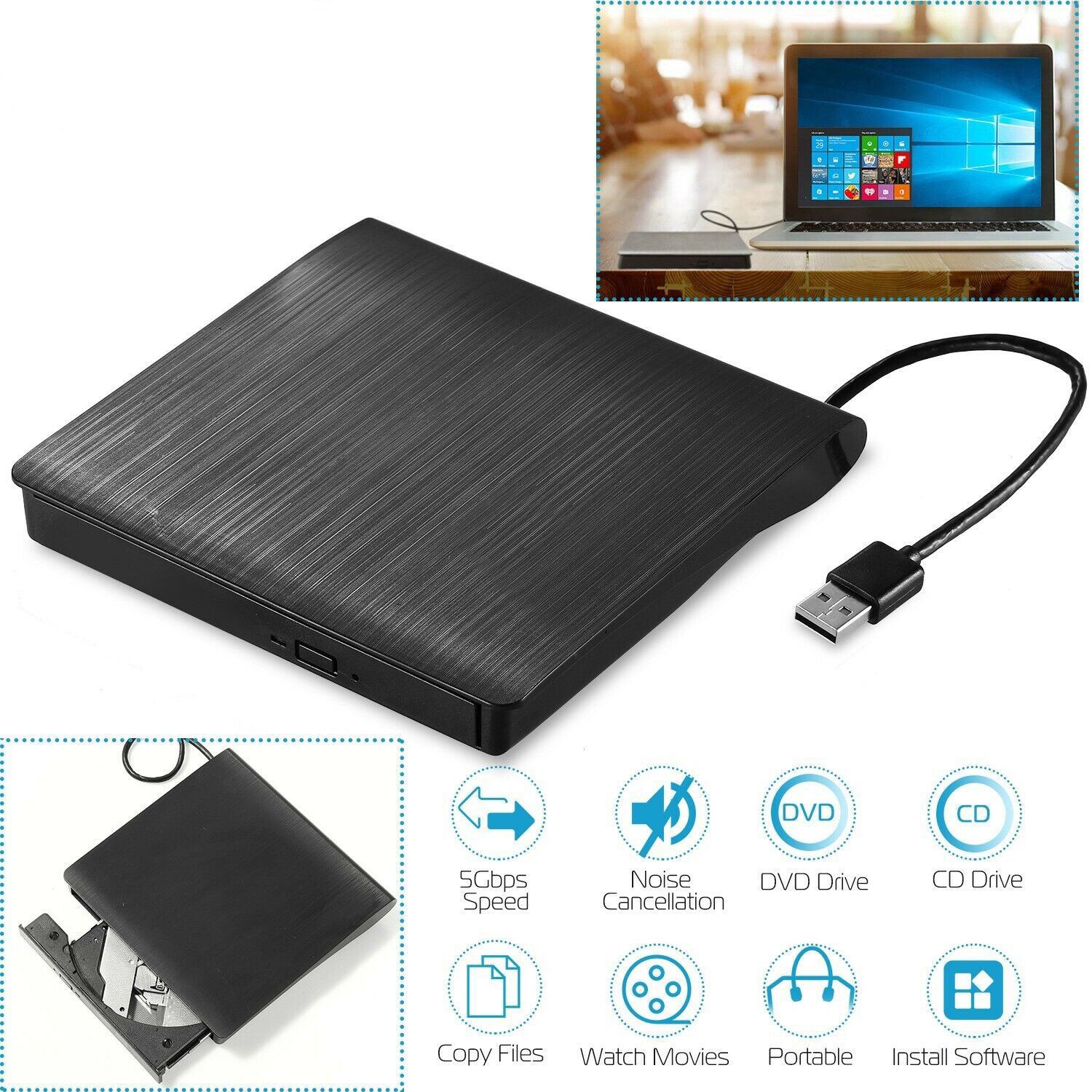 External CD DVD Drive USB 3.0 Slim Computer Accessories - DailySale