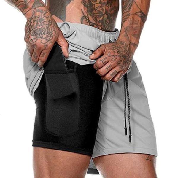 Fashion Men Elastic Waist Sports Shorts with Phone Pocket Men's Clothing Gray S - DailySale