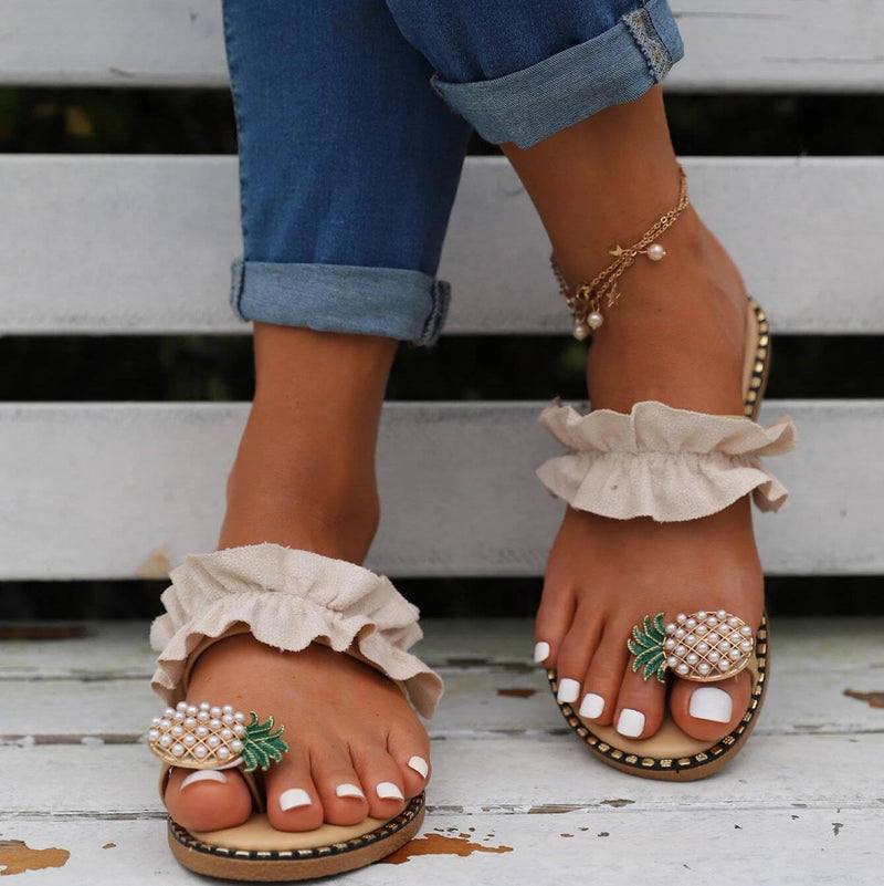 Women Faux Pearl Decor Flip Flops, Fashion White Toe Post Sandals For  Summer
