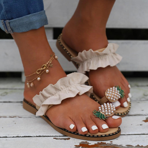 Faux Pearl & Pineapple Decor Toe Post Thong Sandals Women's Shoes & Accessories - DailySale
