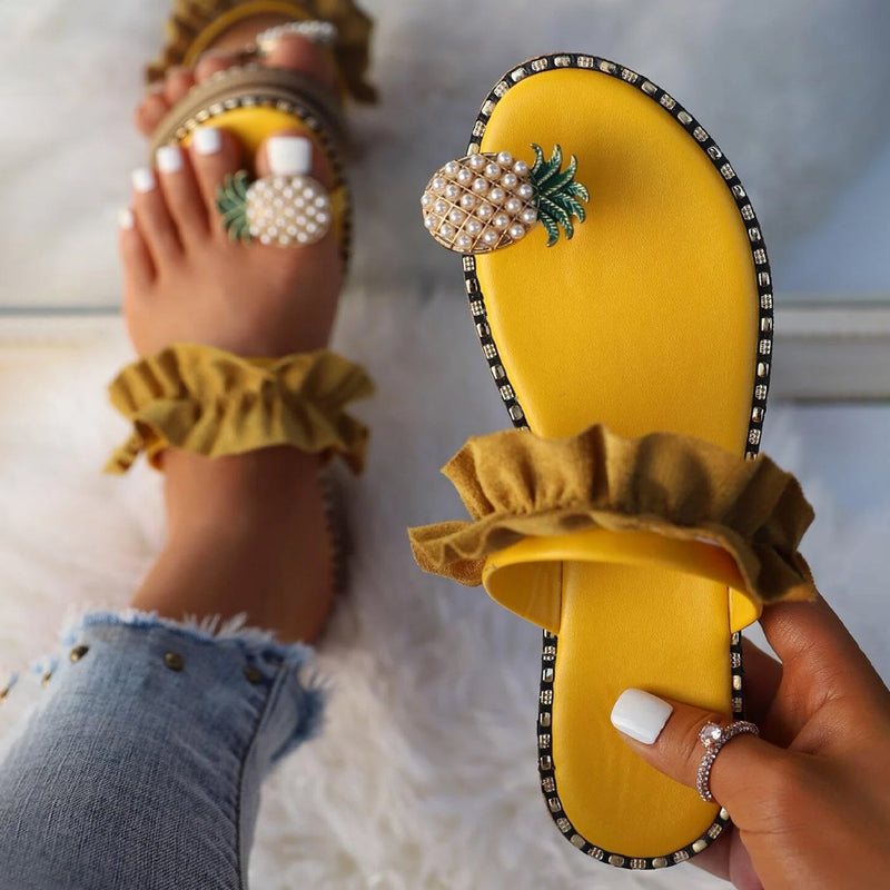 Faux Pearl & Pineapple Decor Toe Post Thong Sandals Women's Shoes & Accessories Yellow 4.5 - DailySale