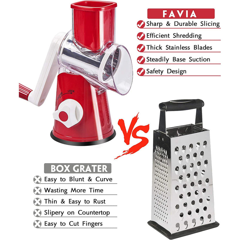 Favia Rotary Cheese Grater with Handle - Food Shredder with 3 Stainless Steel Drum Blades