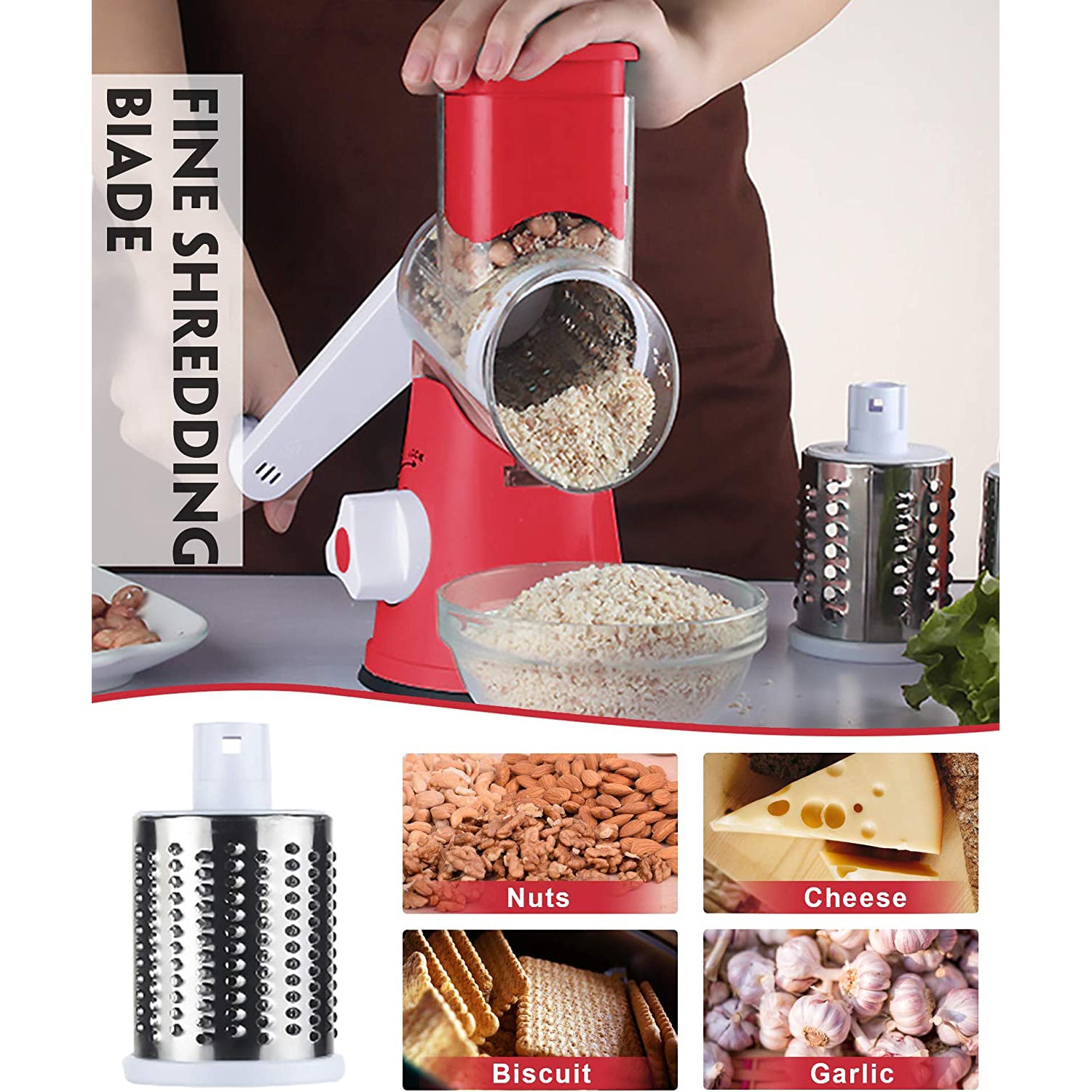 FAVIA Rotary Cheese Grater with Handle - Food Shredder with 3 Stainless Steel Drum Blades Kitchen Appliances - DailySale