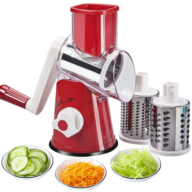 Red Cheese Grater Rotary Handheld with 3 Drum Blades, Grater Slicer  Shredder for Vegetables Carrots Nuts, Strong Suction, Easy to Use, Easy to  Clean