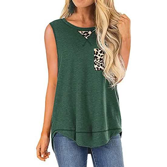 Fleur Wood Women's Summer Tank Tops Leopard Pocket Sleeveless Blouse Women's Clothing Green S - DailySale