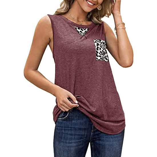 Fleur Wood Women's Summer Tank Tops Leopard Pocket Sleeveless Blouse Women's Clothing Purple S - DailySale