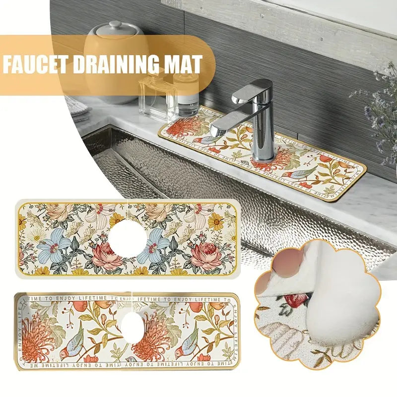 Dexi Sink Faucet Mat, Floral Faucet Absorbent Mat, Faucet Handle