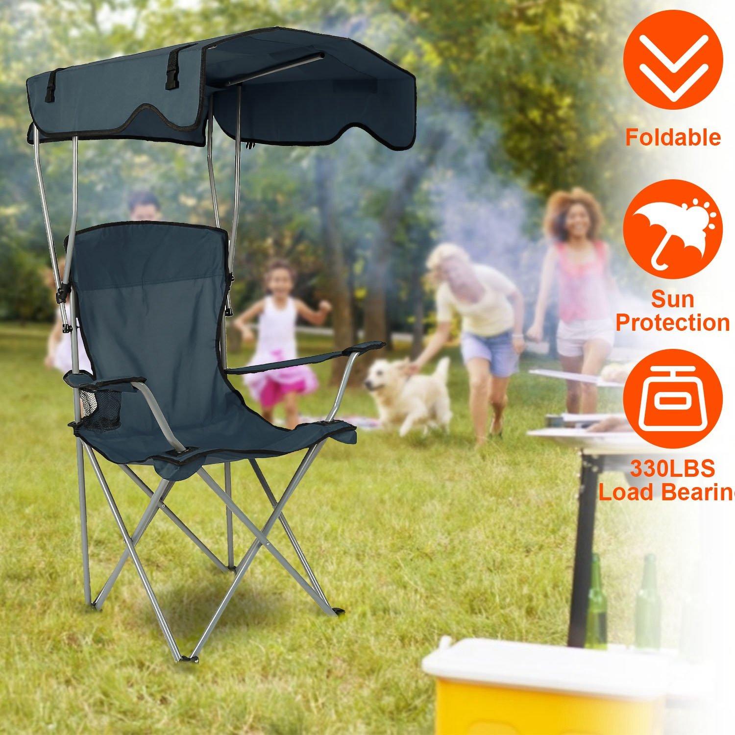 Foldable Beach Canopy Chair Sun Protection with Cup Holder Sports & Outdoors - DailySale