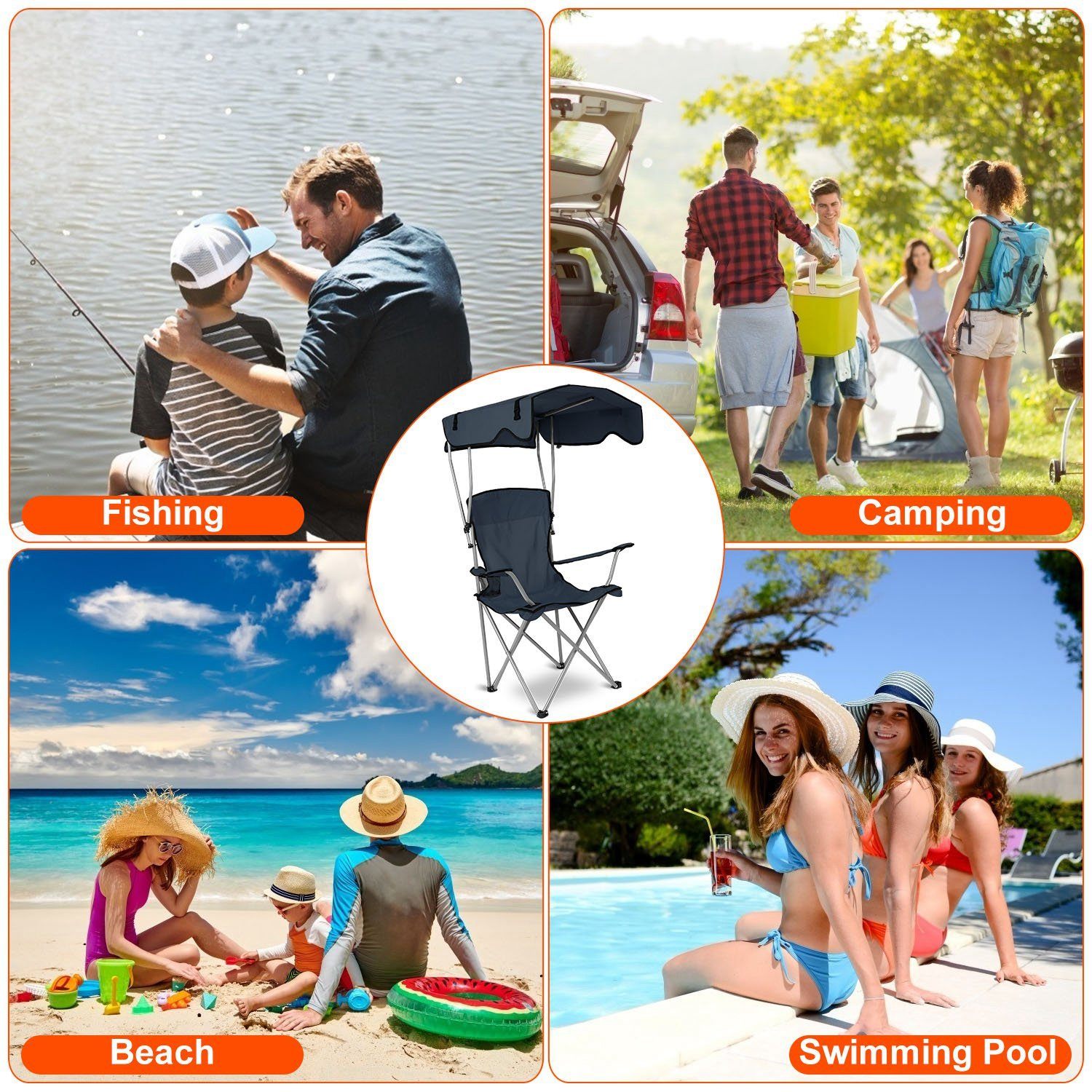 Foldable Beach Canopy Chair Sun Protection with Cup Holder Sports & Outdoors - DailySale