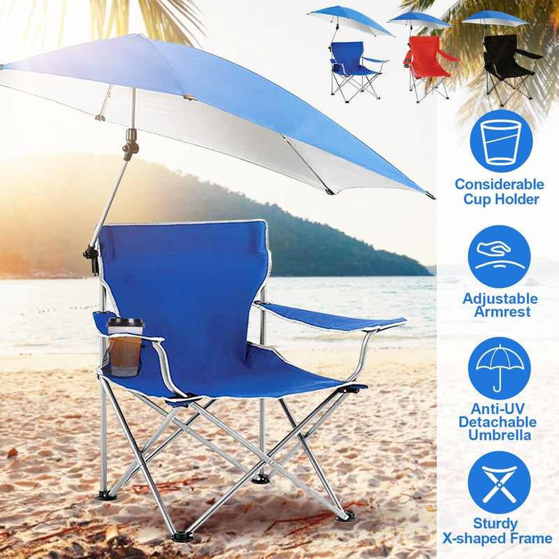 Foldable Beach Chair with Detachable Armrest Adjustable Canopy Stool with Cup Holder Sports & Outdoors - DailySale