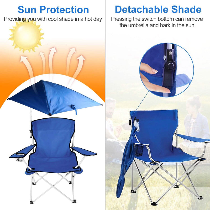 Foldable Beach Chair with Detachable Armrest Adjustable Canopy Stool with Cup Holder Sports & Outdoors - DailySale