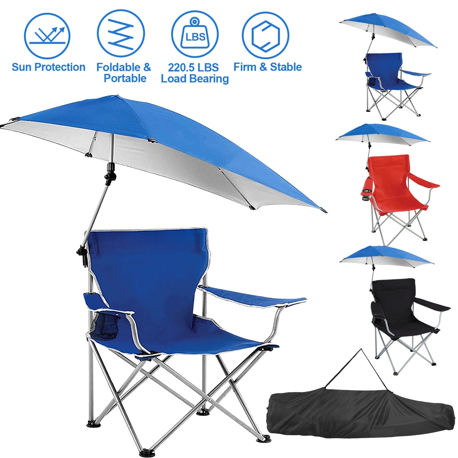 Foldable Beach Chair with Detachable Armrest Adjustable Canopy Stool with Cup Holder Sports & Outdoors - DailySale