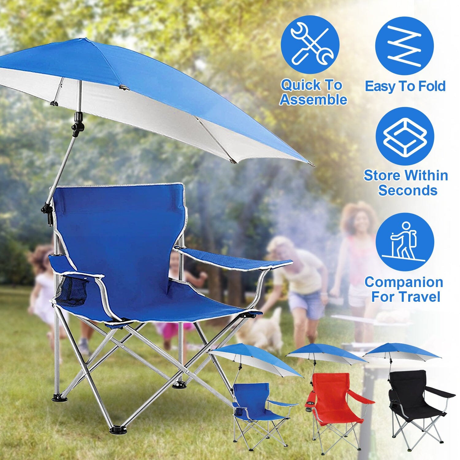 Foldable Beach Chair with Detachable Armrest Adjustable Canopy Stool with Cup Holder Sports & Outdoors - DailySale