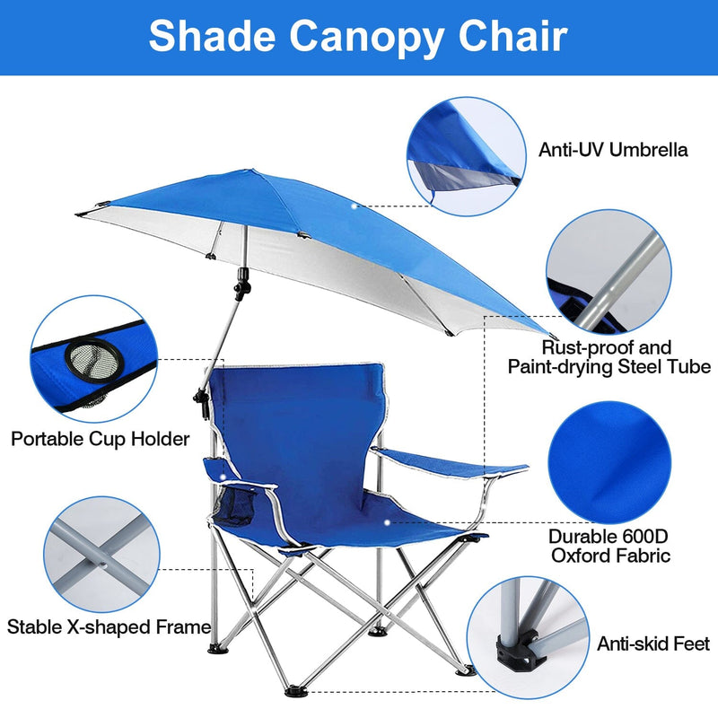 Foldable Beach Chair with Detachable Armrest Adjustable Canopy Stool with Cup Holder Sports & Outdoors - DailySale