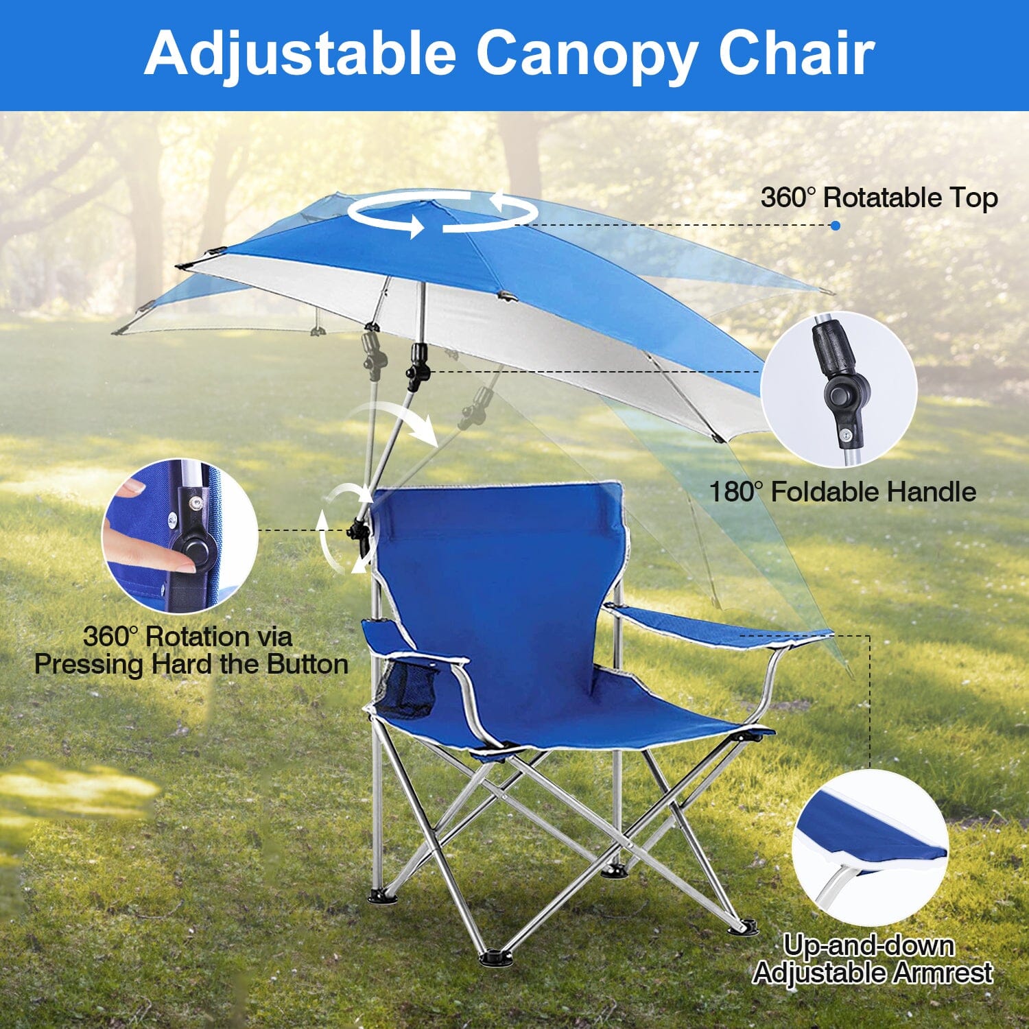 Foldable Beach Chair with Detachable Armrest Adjustable Canopy Stool with Cup Holder Sports & Outdoors - DailySale